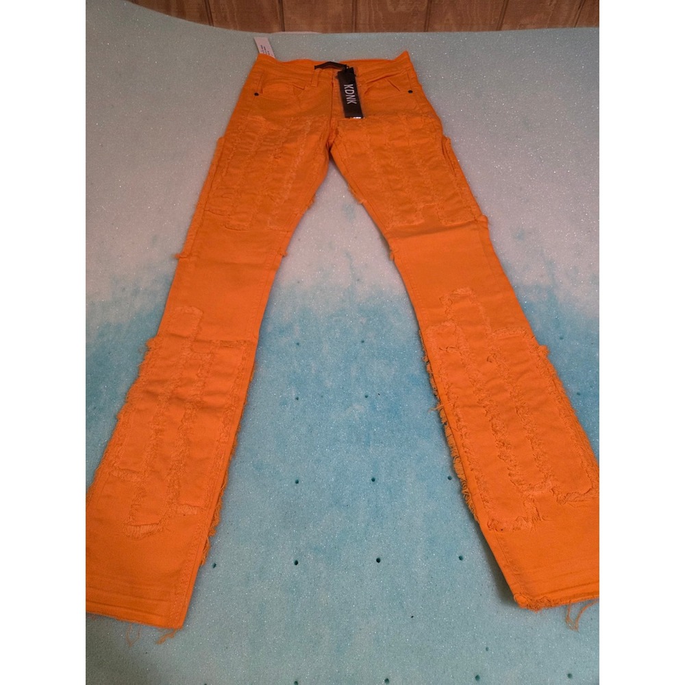KDNK Stacked Distressed Jeans Orange Slim Fit Frayed Patch KNB3338 Womens 28 - Picture 2 of 4
